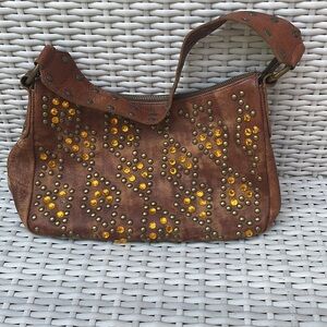 BETSEY JOHNSON Distressed Brown Leather Studded Hobo Handbag